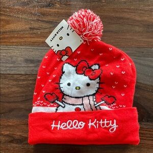 Hello Kitty Red Knit Beanie with Pom-Pom